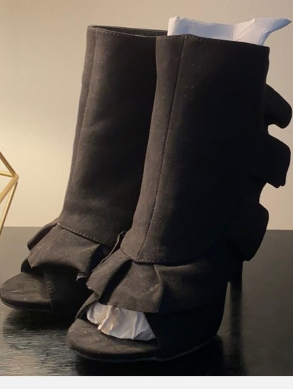 JustFab Black Ruffled Open-Toe Heeled Booties